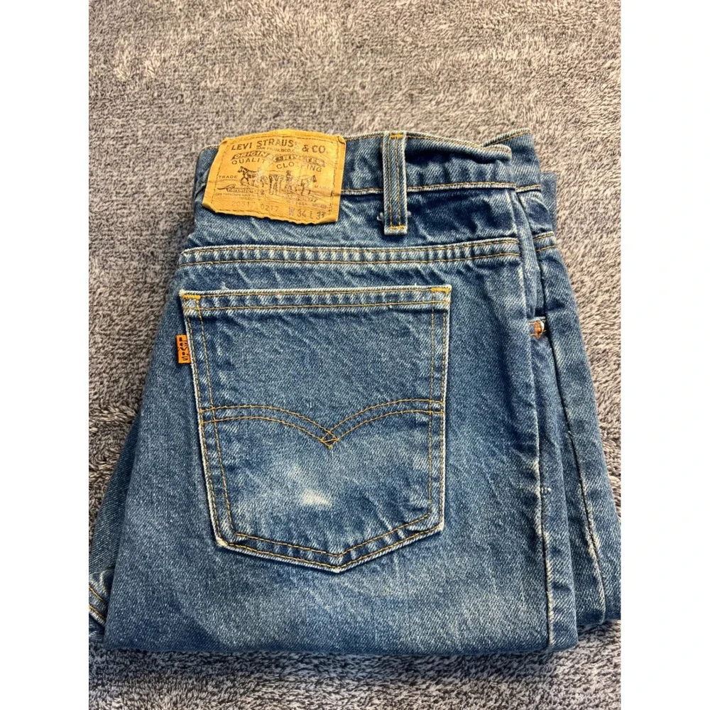 Vintage Levis 20517-0217 Orange Tab Jeans Medium Wash Cut Off Hem Mens 34x21.5